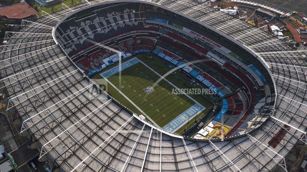 Christian Palma An aerial view of the Azteca Stadium in Mexico City, Saturday, Nov. 16, 2019, where the Kansas City Chiefs and Los Angeles Rams will face off for a regular-season Monday Night Football game. Heavy rain and heavy use last year left the grass unfit for the AFC matchup, forcing the Chiefs-Rams game to be relocated to Los Angeles. (AP Photo/Christian Palma)