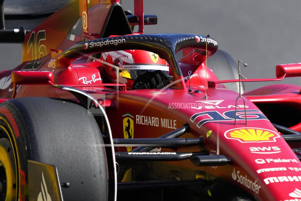 Sergei Grits Ferrari driver Charles Leclerc of Monaco steers his car during the first free practice at the Baku circuit, in Baku, Azerbaijan, Friday, June 10, 2022. The Formula One Grand Prix will be held on Sunday. (AP Photo/Sergei Grits)