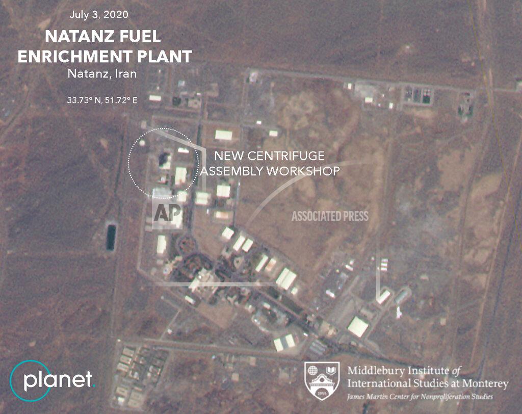 Uncredited This Friday, July 3, 2020 satellite image from Planet Labs Inc. that has been annotated by experts at the James Martin Center for Nonproliferation Studies at Middlebury Institute of International Studies shows a damaged building after a fire and explosion at Iran's Natanz nuclear site. An online video and messages purportedly claiming responsibility for a fire that analysts say damaged a centrifuge assembly plant at Iran's underground Natanz nuclear site deepened the mystery Friday around the incident — even as Tehran insisted it knew the cause but would not make it public due to "security reasons." (Planet Labs Inc., James Martin Center for Nonproliferation Studies at Middlebury Institute of International Studies via AP)