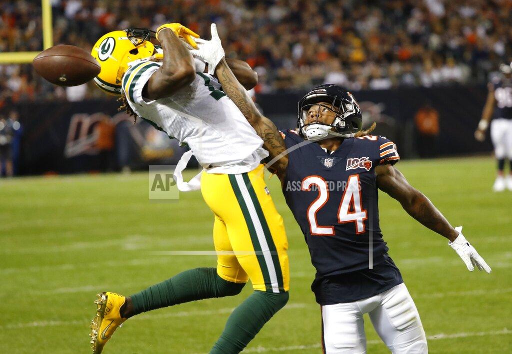 Charles Rex Arbogast Chicago Bears' Buster Skrine breaks up a pass intended for Green Bay Packers' Davante Adams during the first half of an NFL football game Thursday, Sept. 5, 2019, in Chicago. (AP Photo/Charles Rex Arbogast)