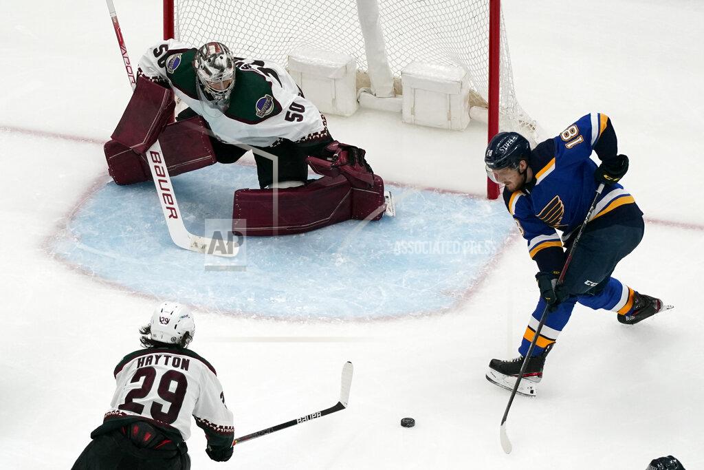 Jeff Roberson St. Louis Blues' Robert Thomas (18) tries to get off a shot as Arizona Coyotes goaltender Ivan Prosvetov (50) and Barrett Hayton (29) defend during the third period of an NHL hockey game Monday, April 4, 2022, in St. Louis. (AP Photo/Jeff Roberson)
