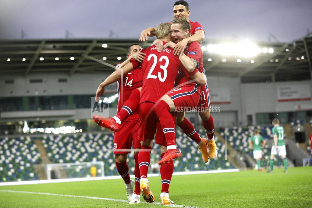 Peter Morrison Norway players celebrate a goal against Northern Ireland during the UEFA Nations League soccer match between Northern Ireland and Norway at Windsor Park, Belfast, Northern Ireland, Monday Sept. 7, 2020. (AP Photo/Peter Morrison)