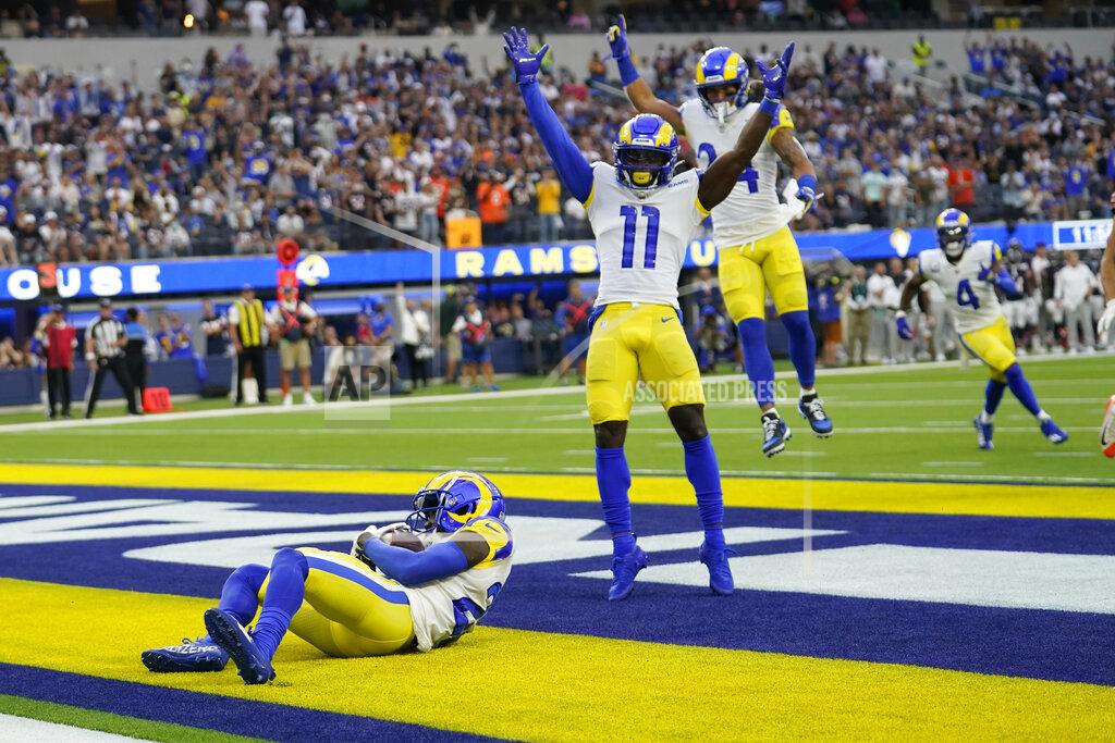 Marcio Jose Sanchez Los Angeles Rams defensive back David Long, left, intercepts a pass in the end zone during the first half of an NFL football game against the Chicago Bears, Sunday, Sept. 12, 2021, in Inglewood, Calif. (AP Photo/Marcio Jose Sanchez)