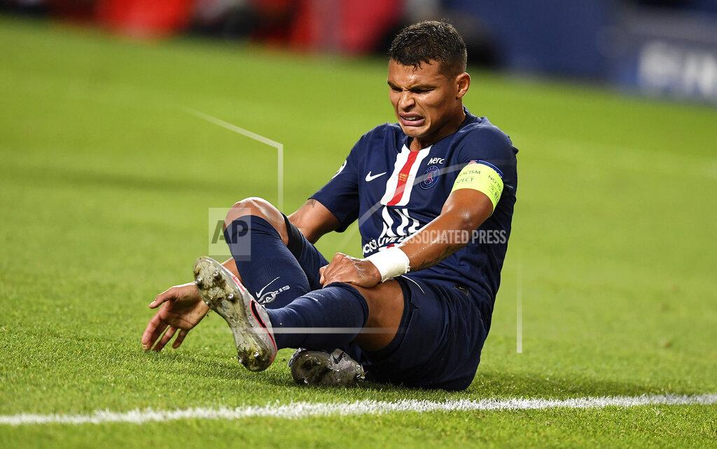 David Ramos PSG's Thiago Silva reacts on the ground during the Champions League final soccer match between Paris Saint-Germain and Bayern Munich at the Luz stadium in Lisbon, Portugal, Sunday, Aug. 23, 2020. (David Ramos/Pool via AP)