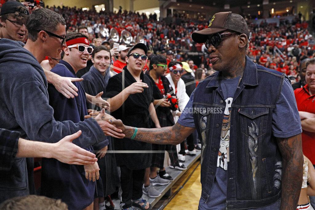 Brad Tollefson Former NBA star Dennis Rodman talks to Texas Tech fans during the first half of an NCAA college basketball game against Texas, Saturday, Feb. 29, 2020, in Lubbock, Texas. (AP Photo/Brad Tollefson)