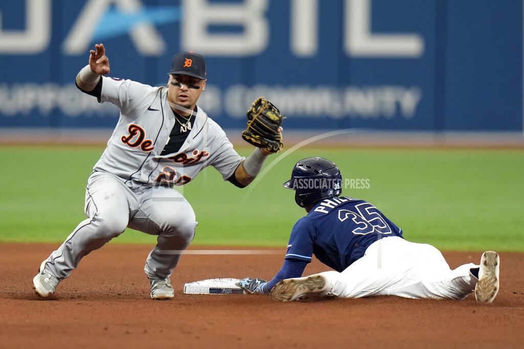 Chris O'MEara Tampa Bay Rays' Brett Phillips (35) steals second base ahead of the tag by Detroit Tigers shortstop Javier Baez (28) during the seventh inning of a baseball game Wednesday, May 18, 2022, in St. Petersburg, Fla. (AP Photo/Chris O'Meara)