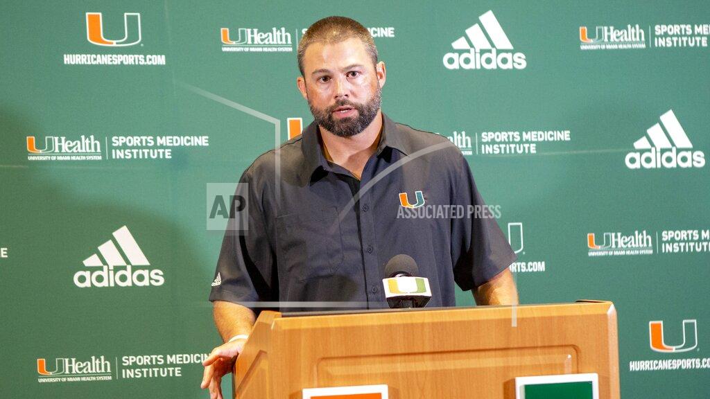 Daniel A. Varela Miami defensive coordinator Blake Baker speaks to the media about the start of the NCAA college football season in Coral Gables, Fla., Monday, Aug. 19, 2019. (Daniel A. Varela/Miami Herald via AP)