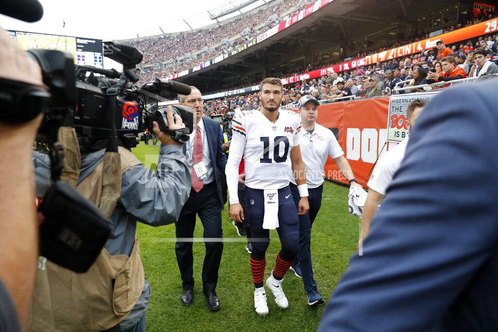 Charles Rex Arbogast Chicago Bears quarterback Mitchell Trubisky walks to the locker room after being injured during the half of an NFL football game against the Minnesota Vikings Sunday, Sept. 29, 2019, in Chicago. (AP Photo/Charles Rex Arbogast)