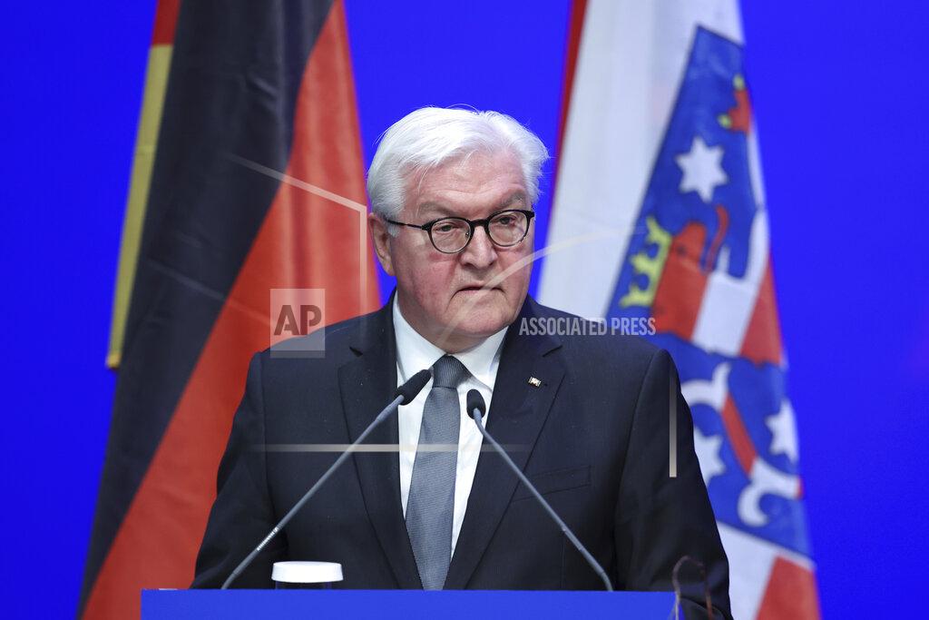 Ronny Hartmann German President Frank-Walter Steinmeiner delivers a speech during an event in Weimar, Germany, Sunday, April 11, 2021 commemorating the liberation of the Buchenwald and Mittelbau-Dora concentration camps. On the 76th anniversary the liberation of the Buchenwald concentration camp, Germany’s president reminds his compatriots of the inconceivable atrocities that were committed at the Nazis’ camp during the Third Reich. (Ronny Hartmann/Pool Photo via AP)