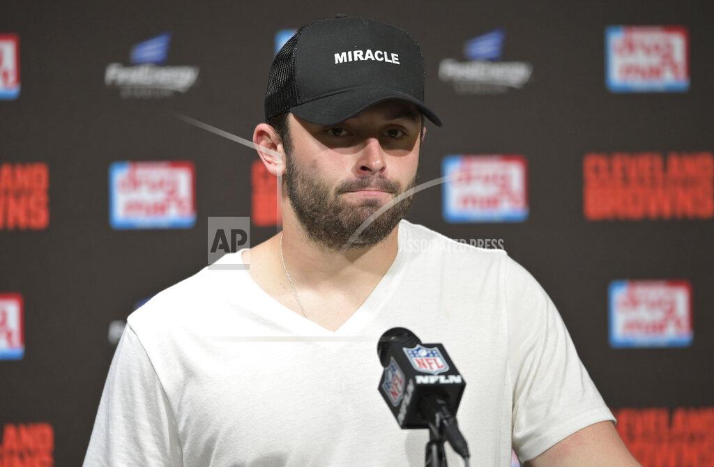 David Richard Cleveland Browns quarterback Baker Mayfield answers questions during a news conference after the Tennessee Titans defeated the Browns in an NFL football game, Sunday, Sept. 8, 2019, in Cleveland. (AP Photo/David Richard)