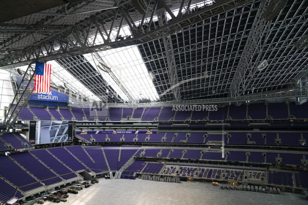 A portion of the rook is darkened with curtains as U.S. Bank Stadium in Minneapolis prepares for the NCAA college basketball Final Four, Tuesday, March 5, 2019. (Renee Jones Schneider/Star Tribune via AP)