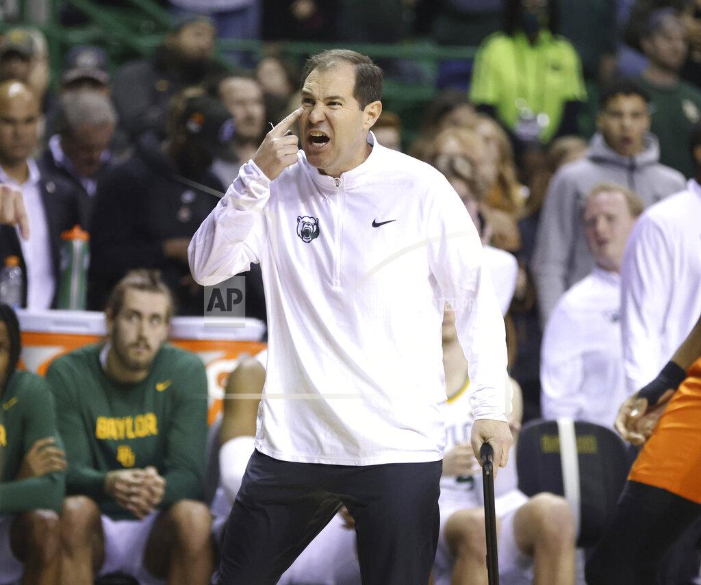 Rod Aydelotte Baylor head coach Scott Drew reacts to a play in the second half of an NCAA college basketball game against Oklahoma State, Saturday, Jan. 15, 2022, in Waco, Texas. (Rod Aydelotte/Waco Tribune-Herald via AP)