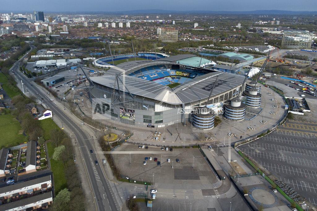 Jon Super Manchester City's Etihad Stadium is seen after the collapse of English involvement in the proposed European Super League, Manchester, England, Wednesday, April 21, 2021. Manchester City were the first club to pull out after Chelsea had signalled their intent to do so by preparing documentation to withdraw. (AP Photo/Jon Super)