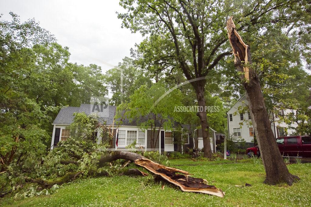 Barbara Gauntt A tree just scraps the front of the Hadden home in Fondren in Jackson, Miss., after falling during severe weather that moved through the Jackson, Miss., metro area Tuesday afternoon, May 4, 2021. "I was just looking at that tree, thinking, 'I probably need to get that cut down,'"said Lisa Hadden, of Jackson, Miss. (Barbara Gauntt/The Clarion-Ledger via AP)