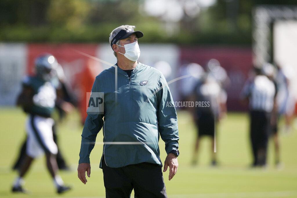 Tim Tai Philadelphia Eagles head coach Doug Pederson observes during NFL football training camp at the team's practice facility, Wednesday, Aug. 26, 2020, in Philadelphia. (Tim Tai/The Philadelphia Inquirer via AP, Pool)
