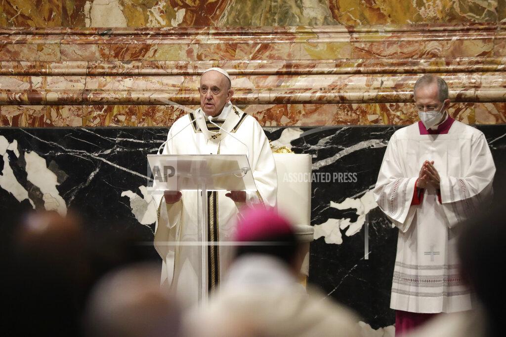 Andrew Medichini Pope Francis delivers his speech during a Chrism Mass inside St. Peter's Basilica, at the Vatican, Thursday, April 1, 2021. During the Mass the Pontiff blesses a token amount of oil that will be used to administer the sacraments for the year. (AP Photo/Andrew Medichini, pool)