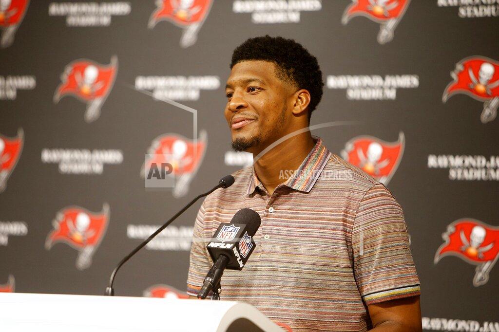 Octavio Jones Tampa Bay Buccaneers quarterback Jameis Winston (3) takes questions during a press conference at Raymond James Stadium in Tampa, Florida on Sunday, December 29, 2019. The Atlanta Falcons defeated the Tampa Bay Buccaneers 28-22 in overtime.(Octavio Jones/Tampa Bay Times via AP)