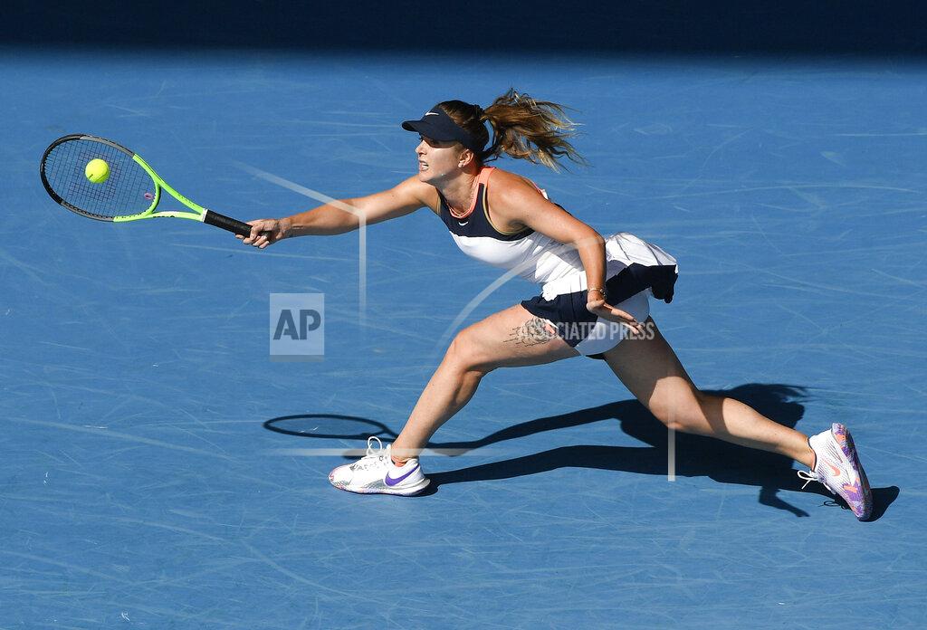 Andy Brownbill Ukraine's Elina Svitolina hits a forehand return to United States' Jessica Pegula during their fourth round match at the Australian Open tennis championship in Melbourne, Australia, Monday, Feb. 15,2021.(AP Photo/Andy Brownbill)