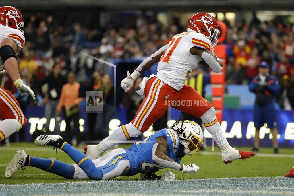 Marcio Jose Sanchez Kansas City Chiefs running back Darrel Williams, above, scores a touchdown during the second half of an NFL football game against the Los Angeles Chargers, Monday, Nov. 18, 2019, in Mexico City. (AP Photo/Marcio Jose Sanchez)