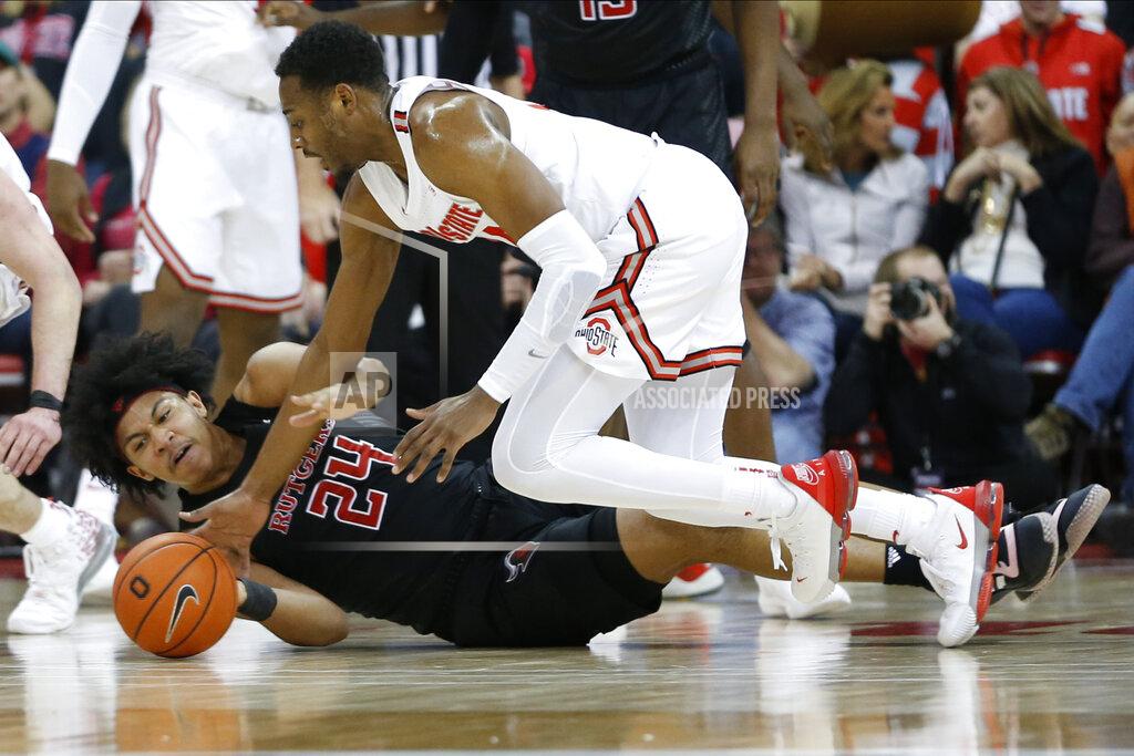 Jay Laprete Rutgers' Ron Harper, left, and Ohio State's Andre Wesson fight for a loose ball during the first half of an NCAA college basketball game Wednesday, Feb. 12, 2020, in Columbus, Ohio. (AP Photo/Jay LaPrete)