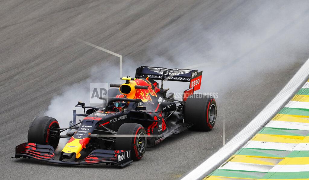 Nelson Antoine Red Bull driver Alexander Albon, of Thailand, steers his car during the second free practice at the Interlagos race track in Sao Paulo, Brazil, Friday, Nov. 15, 2019. (AP Photo/Nelson Antoine)