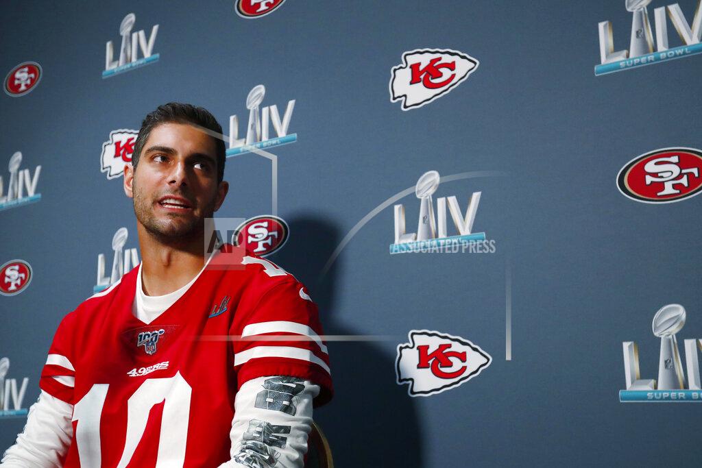 Wilfredo Lee San Francisco 49ers quarterback Jimmy Garoppolo speaks during a media availability Wednesday, Jan. 29, 2020, in Miami, for the team's NFL Super Bowl 54 football game against the Kansas City Chiefs. (AP Photo/Wilfredo Lee)