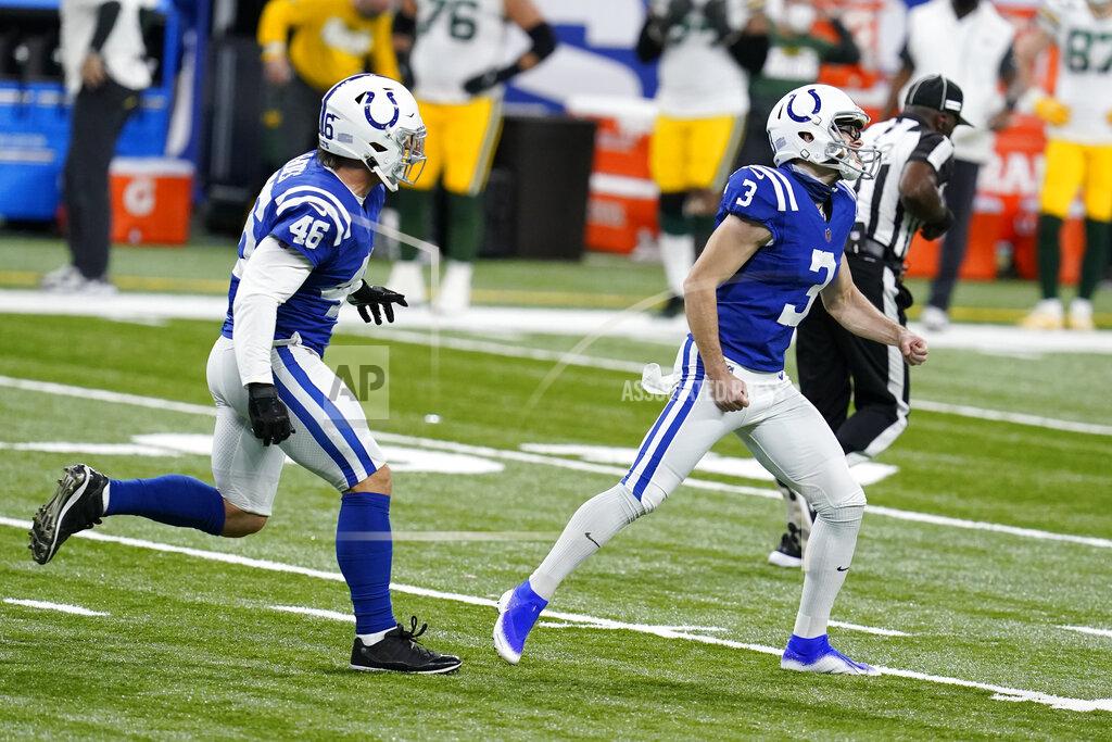 Michael Conroy Indianapolis Colts kicker Rodrigo Blankenship (3) celebrates after making the winning field goal in overtime of an NFL football game against the Green Bay Packers, Sunday, Nov. 22, 2020, in Indianapolis. (AP Photo/Michael Conroy)