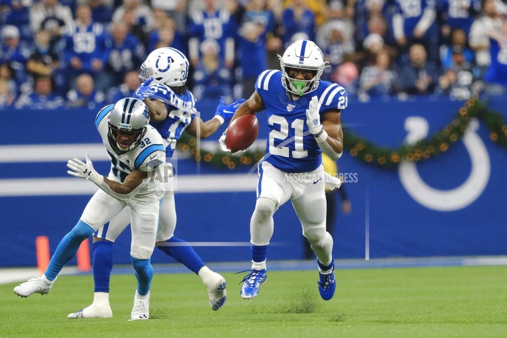 Aj Mast Indianapolis Colts running back Nyheim Hines (21) runs back a punt for a touchdown during the second half of an NFL football game against the Carolina Panthers, Sunday, Dec. 22, 2019, in Indianapolis. (AP Photo/AJ Mast)