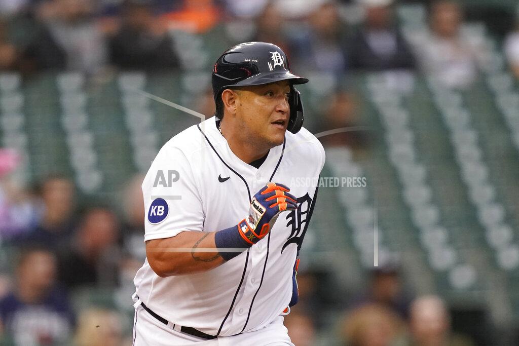 Carlos Osorio Detroit Tigers designated hitter Miguel Cabrera runs to first for an RBI single during the second inning of a baseball game against the Cleveland Guardians, Thursday, May 26, 2022, in Detroit. (AP Photo/Carlos Osorio)