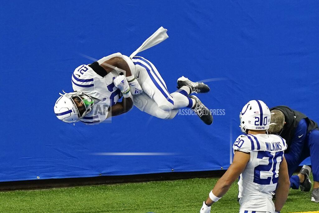 Carlos Osorio Indianapolis Colts running back Nyheim Hines (21) performs a somersault after a 22-yard run for a touchdown during the first half of an NFL football game against the Detroit Lions, Sunday, Nov. 1, 2020, in Detroit. (AP Photo/Carlos Osorio)