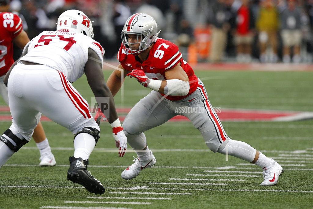 Jay Laprete File-This Sept. 8, 2018, file photo shows Ohio State defensive lineman Nick Bosa playing against Rutgers during an NCAA college football game in Columbus, Ohio. Bosa is one of the names you may not know now but very well could by the end of 2019. They figure to come up big in the new year. (AP Photo/Jay LaPrete, File)