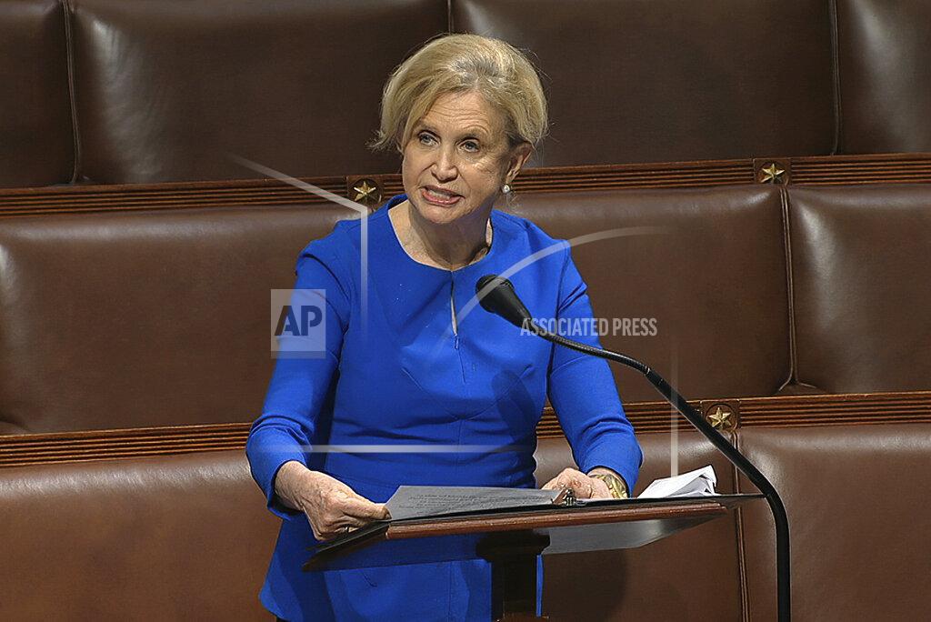 Uncredited FILE - In this April 23, 2020 file image from video, Rep. Carolyn Maloney, D-N.Y., speaks on the floor of the House of Representatives at the U.S. Capitol in Washington. New York's primary election ended with uncertainty Tuesday night, June 23, 2020, over the outcomes of several of New York congressional races featuring young insurgents. Maloney was neck and neck with challenger Suraj Patel, who ran against her in the 2018 primary. (House Television via AP)