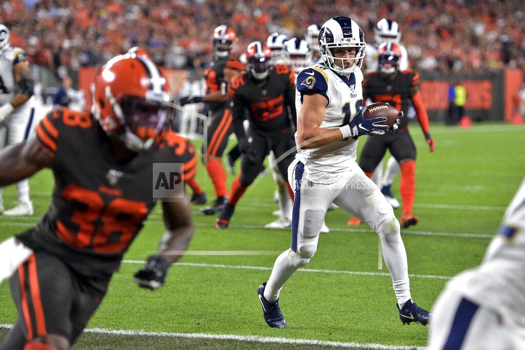 David Richard Los Angeles Rams wide receiver Cooper Kupp scores a 6-yard touchdown during the second half of an NFL football game against the Cleveland Browns, Sunday, Sept. 22, 2019, in Cleveland. (AP Photo/David Richard)