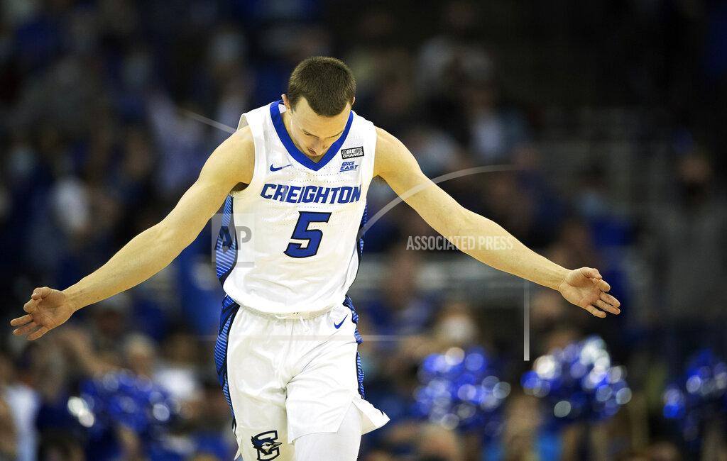 Rebecca S. Gratz Creighton's Alex O'Connell (5) celebrates after hitting a three-pointer against St. John's during the second half of an NCAA college basketball game Wednesday, Jan. 19, 2022, in Omaha, Neb. O'Connell scored 28 points during the game, including 6 three point baskets. Creighton defeated St. John's 87-64. (AP Photo/Rebecca S. Gratz)