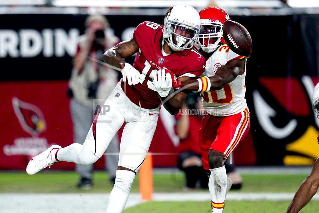 Ross D. Franklin Kansas City Chiefs cornerback Deandre Baker (30) breaks up a pass intended for Arizona Cardinals wide receiver A.J. Green (18) during the second half of an NFL football game, Friday, Aug. 20, 2021, in Glendale, Ariz. (AP Photo/Ross D. Franklin)