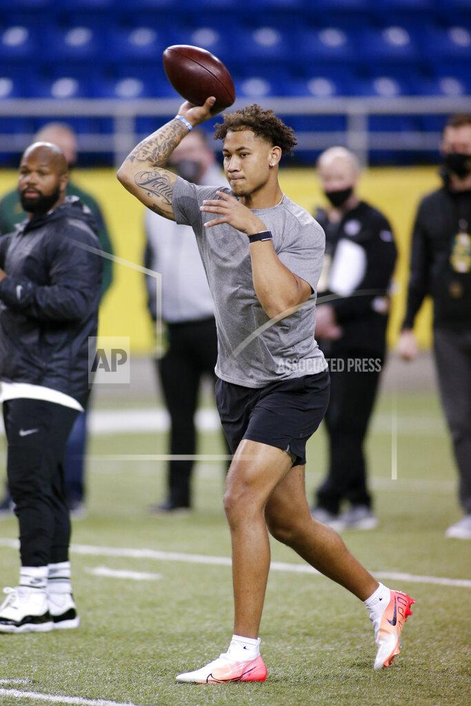 Andy Clayton-King North Dakota State quarterback Trey Lance throws at the school's football NFL Pro Day Friday, March, 12, 2021, in Fargo, North Dakota. (AP Photo/Andy Clayton- King)
