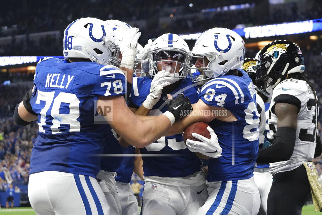 Aj Mast Indianapolis Colts' Marcus Johnson, middle, celebrates a touchdown reception during the second half of an NFL football game against the Jacksonville Jaguars, Sunday, Nov. 17, 2019, in Indianapolis. (AP Photo/AJ Mast)