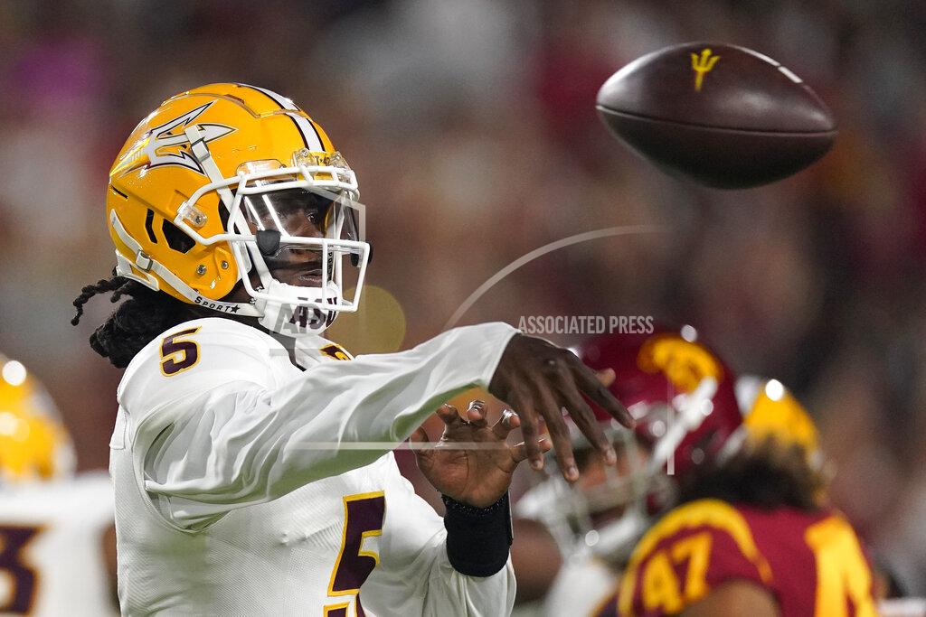 Mark J. Terrill Arizona State quarterback Emory Jones passes during the first half of an NCAA college football game against Southern California Saturday, Oct. 1, 2022, in Los Angeles. (AP Photo/Mark J. Terrill)