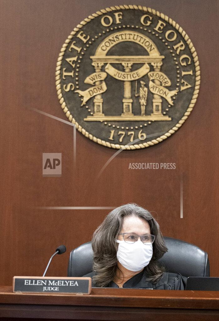 Ben Gray Judge Ellen McElyea presides during the plea hearing for spa shooting suspect Robert Aaron Long in Superior Court of Cherokee County in Canton, Ga. on Tuesday, July 27, 2021. Long, accused of killing eight people, most of them women of Asian descent, at Atlanta-area massage businesses pleaded guilty to four of the murders. He was handed four sentences of life without parole. (Ben Gray/Atlanta Journal-Constitution via AP, Pool)