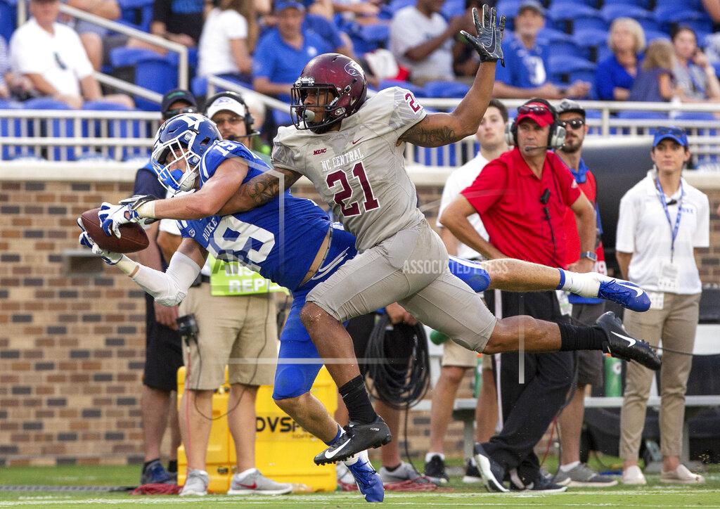 Ben Mckeown FILE - In this Sept. 22, 2018, file photo, Duke's Jake Bobo (19) makes a diving catch ahead of North Carolina Central's Daryl Smith (21) during the second half of an NCAA college football game in Durham, N.C. Jake Bobo is out indefinitely with a broken clavicle. Team spokesman Art Chase said Bobo had surgery Friday, Aug. 9, 2019, a day after he broke his right collarbone during practice. (AP Photo/Ben McKeown, File)