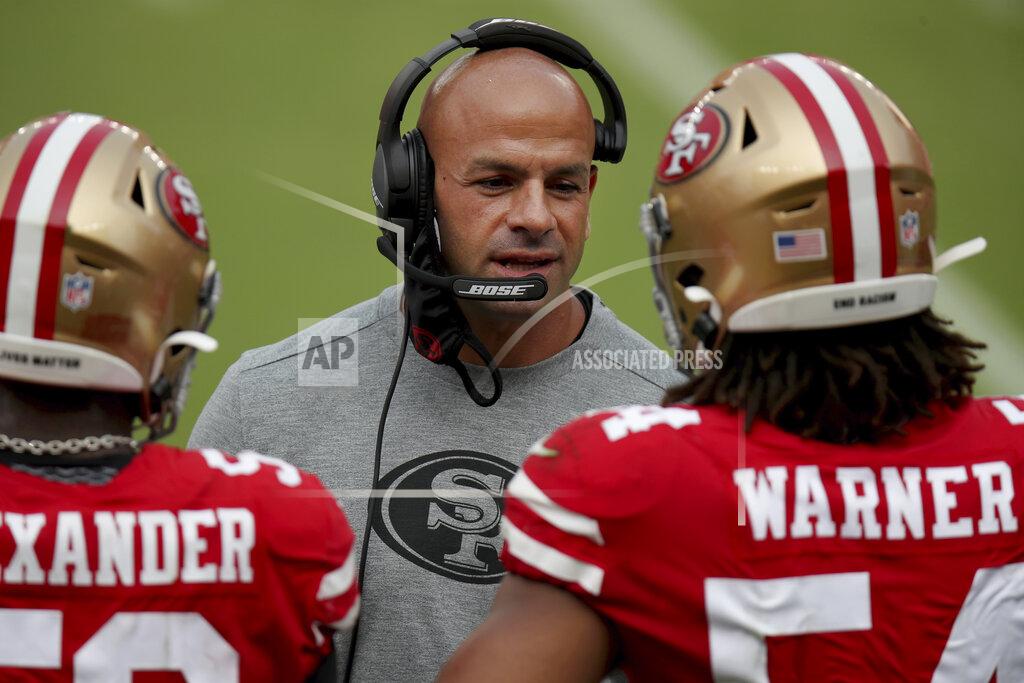 Scot Tucker FILE - In this Sept. 13, 2020, file photo, San Francisco 49ers defensive coordinator Robert Saleh talks to players on the sideline during the team's NFL football game against the Arizona Cardinals in Santa Clara, Calif. Saleh inherited one of the worst defenses in the league when he arrived in 2017 and helped turn it into a dominant unit that helped the Niners reach the Super Bowl last season and remain in contention this season despite the string of injuries on both sides of the ball. (AP Photo/Scot Tucker, File)