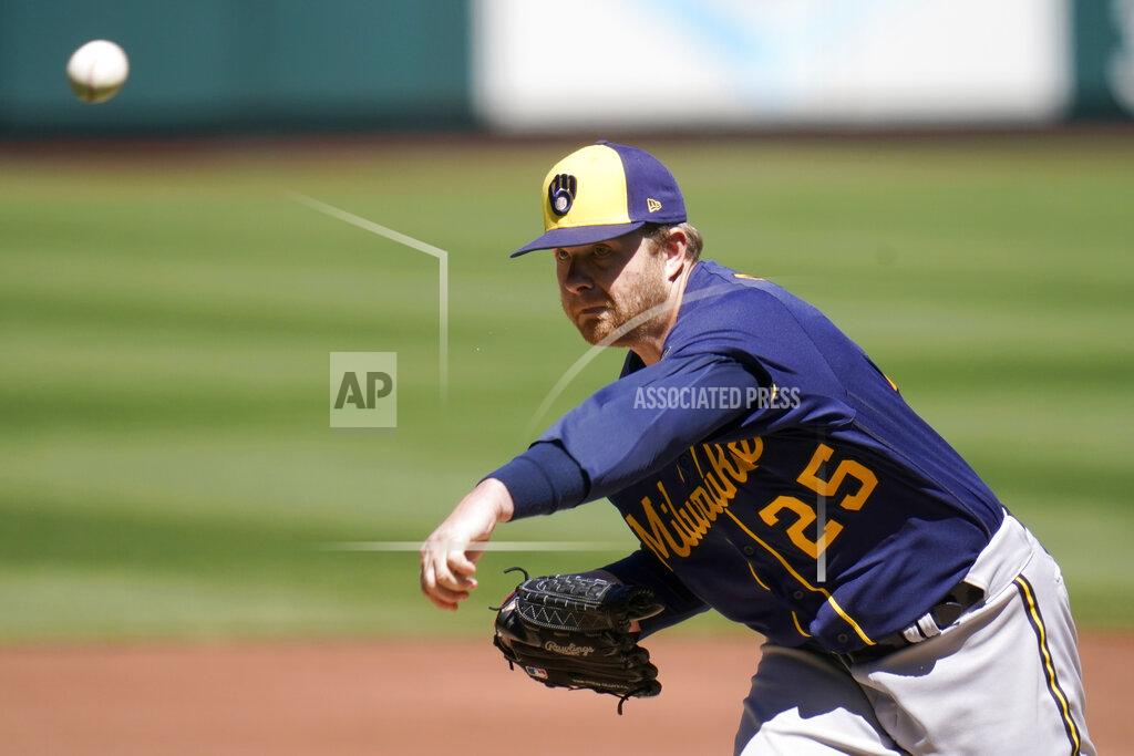 Jeff Roberson Milwaukee Brewers starting pitcher Brett Anderson throws during the first inning of a baseball game against the St. Louis Cardinals Sunday, April 11, 2021, in St. Louis. (AP Photo/Jeff Roberson)
