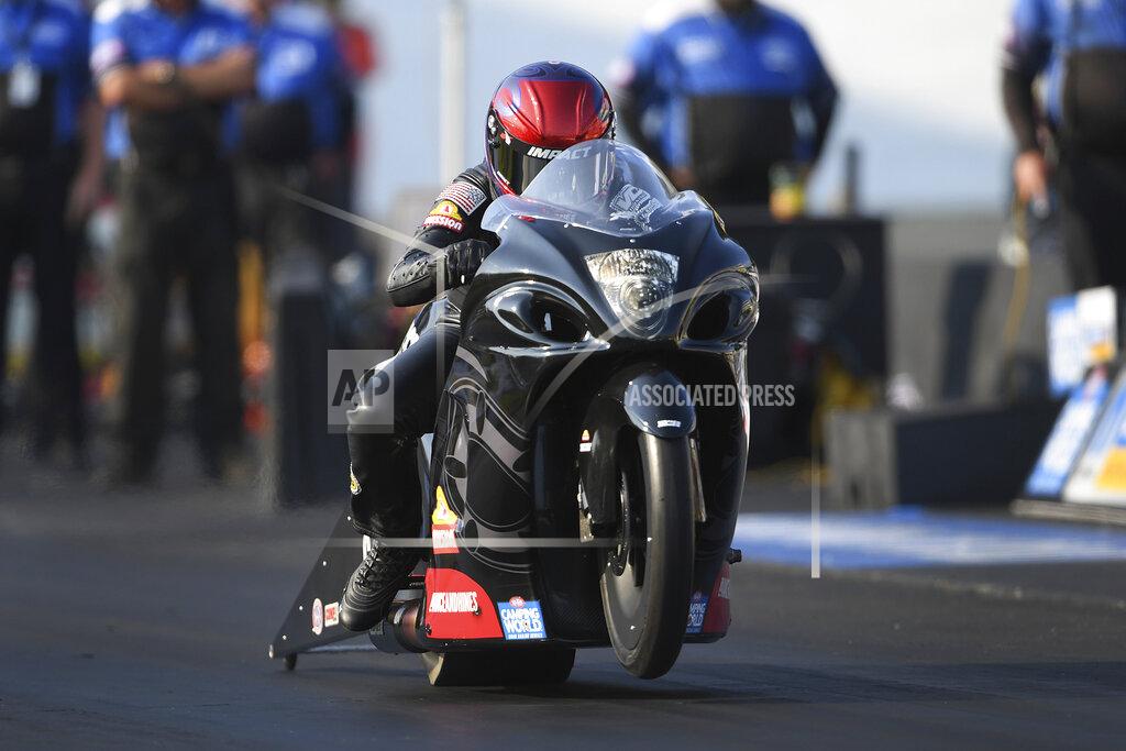 Marc Gewertz In this photo provided by the NHRA, Angelle Sampey drives in Pro Stock Motorcycle qualifying Friday, Sept. 10, 2021, at the Mopar Express Lane NHRA Nationals at Maple Grove Raceway in Mohnton, Pa. (Marc Gewertz/NHRA via AP)