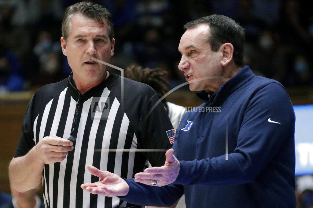 Chris Seward Duke head coach Mike Krzyzewski argues a call with an official during the first half of an NCAA college basketball game against Virginia, Monday, Feb. 7, 2022, in Durham, N.C. (AP Photo/Chris Seward)