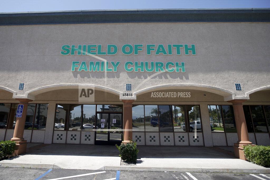 FILE - In this April 14, 2020, file photo, Shield of Faith Family Church stands in Fontana, Calif. A federal judge on Wednesday, April 22, said he will deny a bid by three Southern California churches, including Shield of Faith Family Church, to hold in-person church services during the coronavirus pandemic, saying that government's emergency powers trump what in normal times would be fundamental constitutional rights. (AP Photo/Chris Carlson, File)
