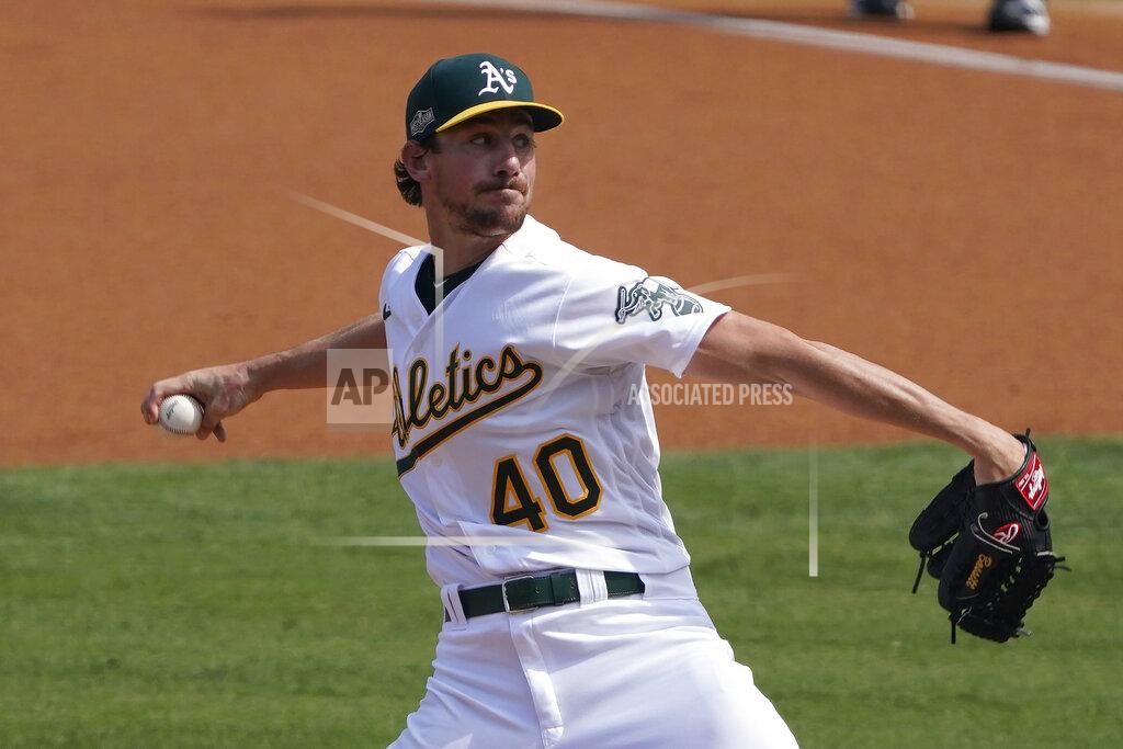 Marcio Jose Sanchez Oakland Athletics' Chris Bassitt (40) pitches against the Houston Astros during the first inning of Game 1 of a baseball American League Division Series in Los Angeles, Monday, Oct. 5, 2020. (AP Photo/Marcio Jose Sanchez)