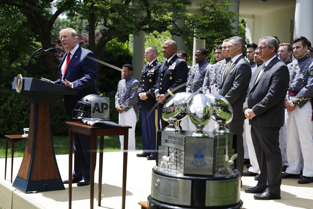 Evan Vucci President Donald Trump speaks during the presentation of the Commander-in-Chief's Trophy to the U.S. Military Academy at West Point football team, in the Rose Garden of the White House, Monday, May 6, 2019, in Washington. (AP Photo/Evan Vucci)