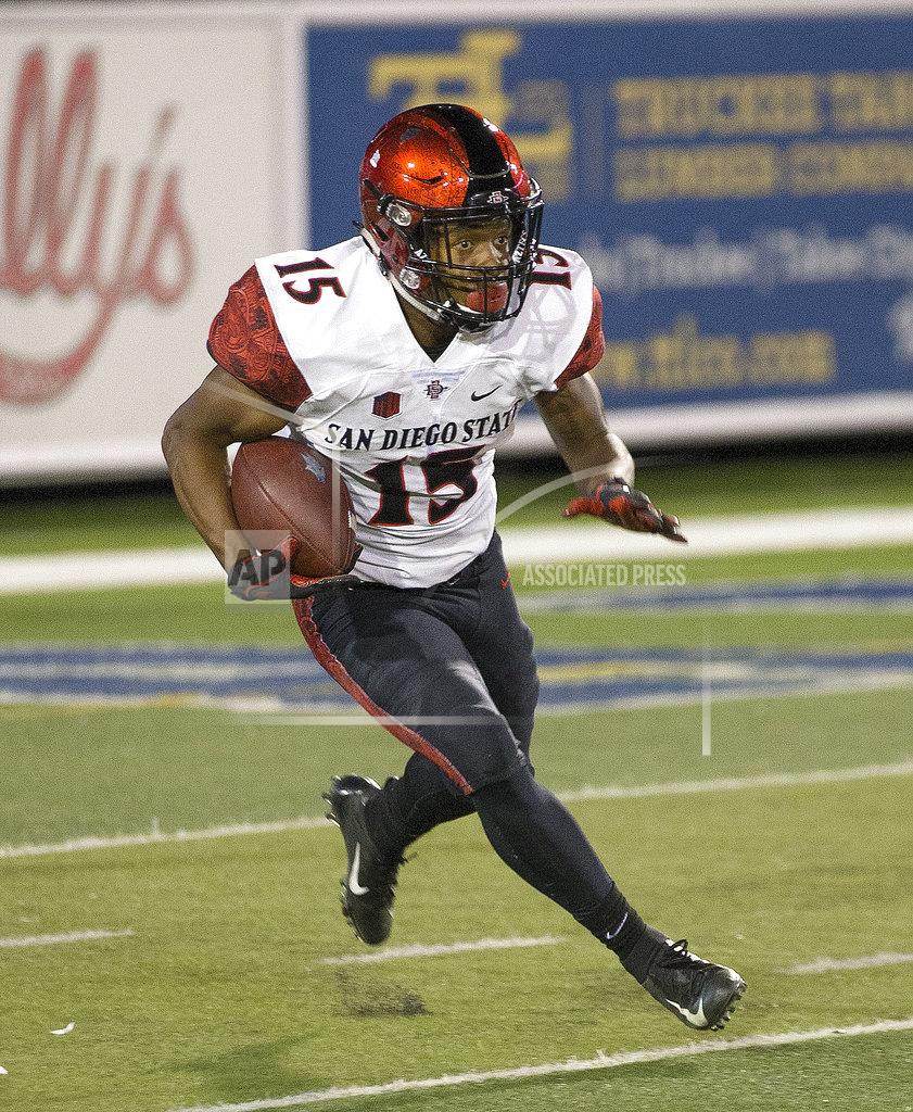 Tom R. Smedes San Diego State's Jordan Byrd (15) runs back a kick against Nevada in the second half of an NCAA college football game in Reno, Nev., Saturday, Oct. 27, 2018. (AP Photo/Tom R. Smedes)