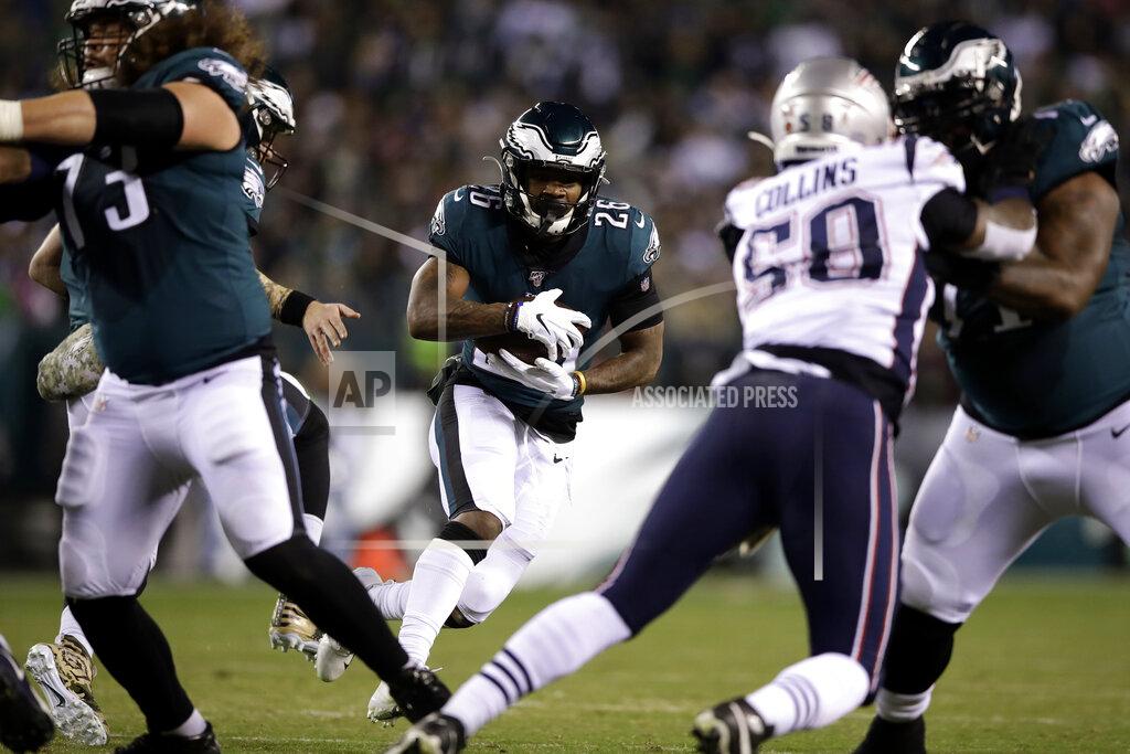Matt Rourke Philadelphia Eagles' Miles Sanders rushes during the first half of an NFL football game against the New England Patriots, Sunday, Nov. 17, 2019, in Philadelphia. (AP Photo/Matt Rourke)