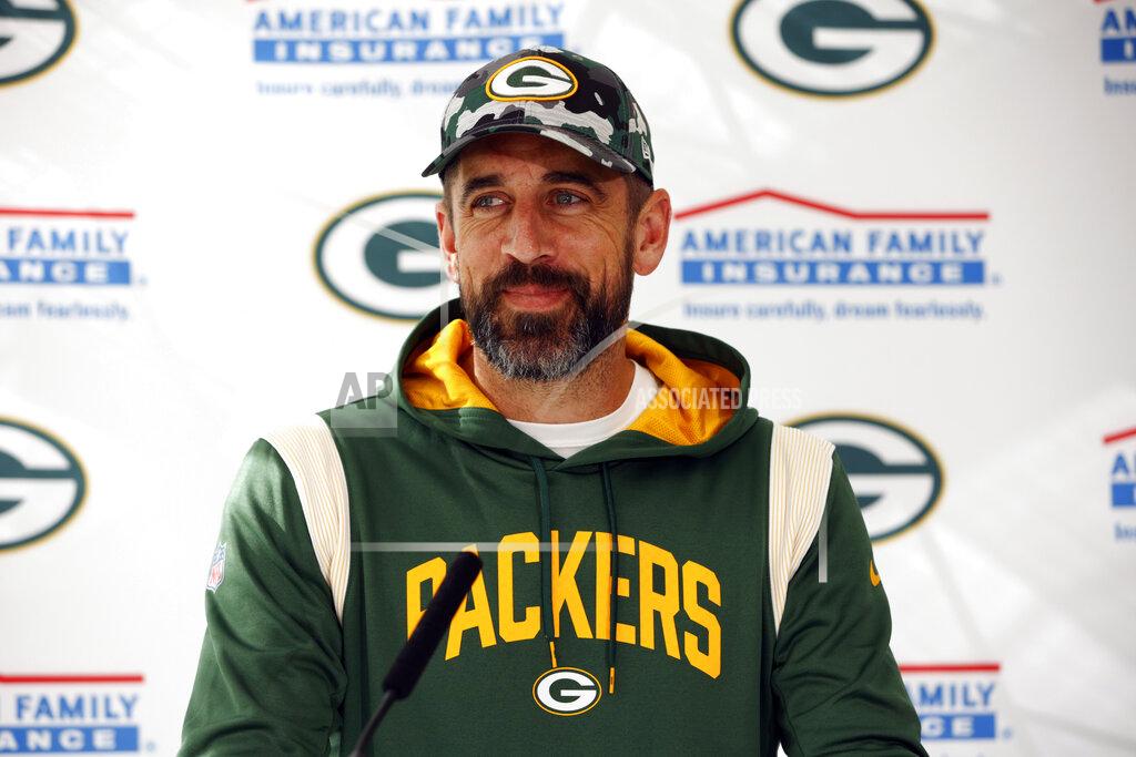 David Cliff Green Bay Packers quarterback Aaron Rodgers holds a press conference at The Grove in Chandler's Cross, England, Friday, Oct. 7, 2022 ahead the NFL game against New York Giants at the Tottenham Hotspur stadium on Sunday. (AP Photo/David Cliff)